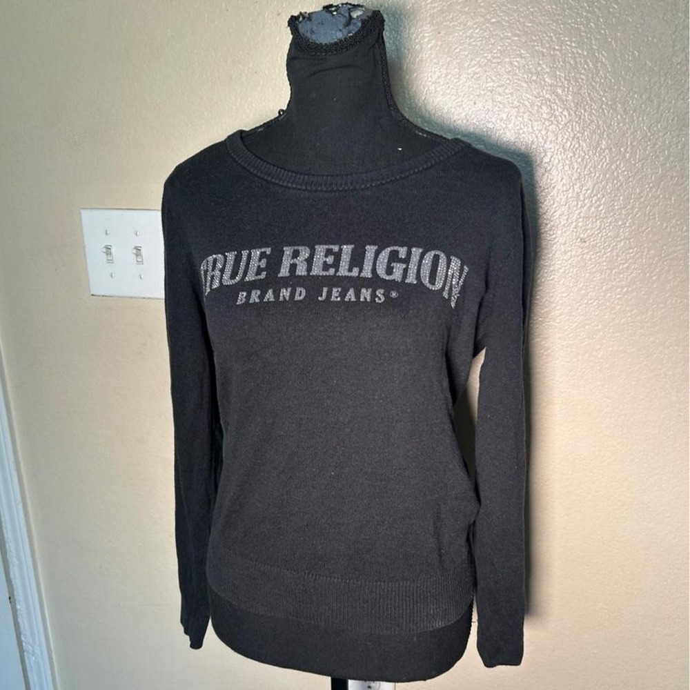 True Religion Black Rhinestone Logo Knit Sweater Long Sleeve Y2K Medium